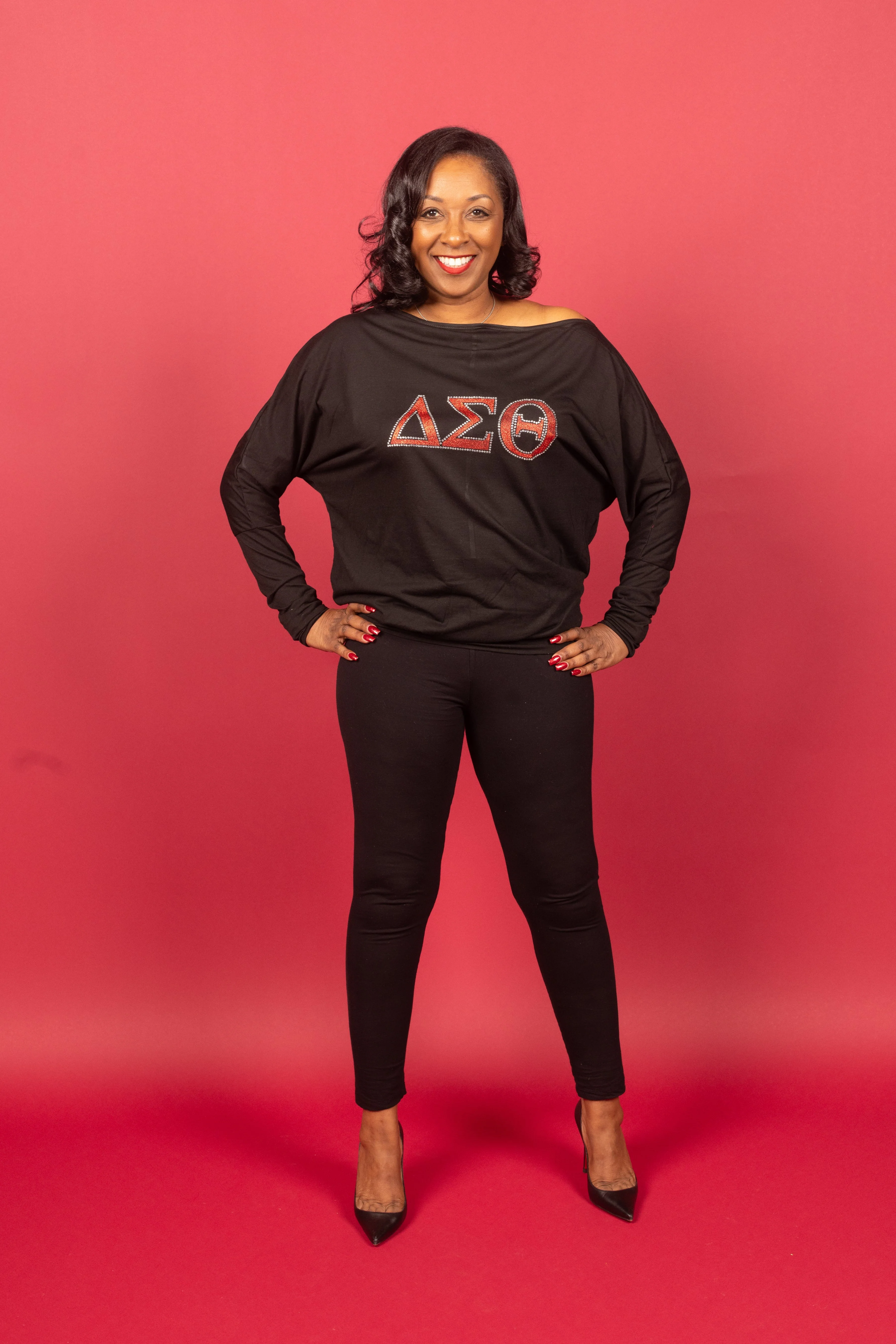 Delta Sigma Theta letters long sleeve off shoulder glitter t-shirt - Image 3