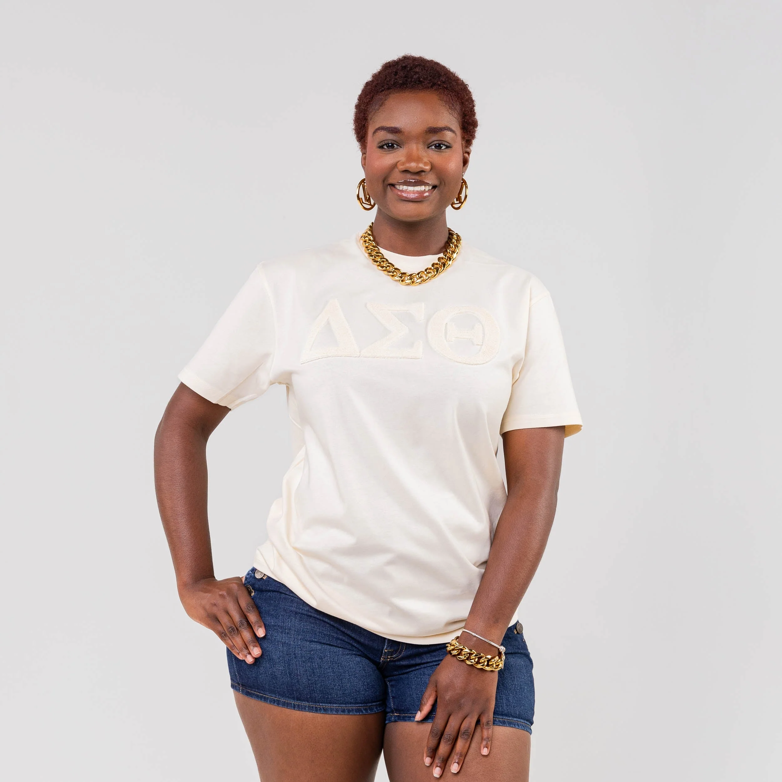 Delta Sigma Theta Cream on Cream Letters Brush Embroidery Tee - Image 3