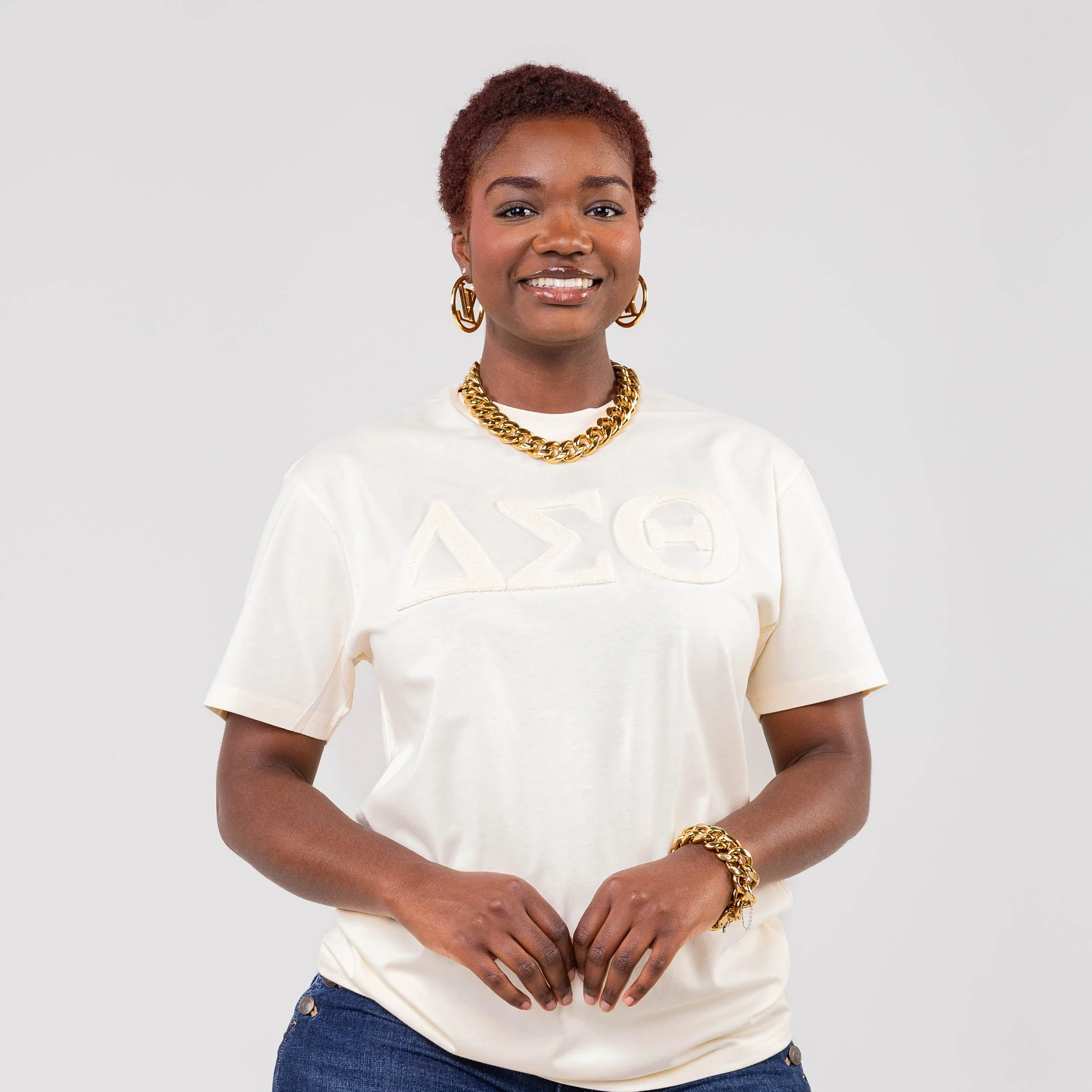 Delta Sigma Theta Cream on Cream Letters Brush Embroidery Tee - Image 4