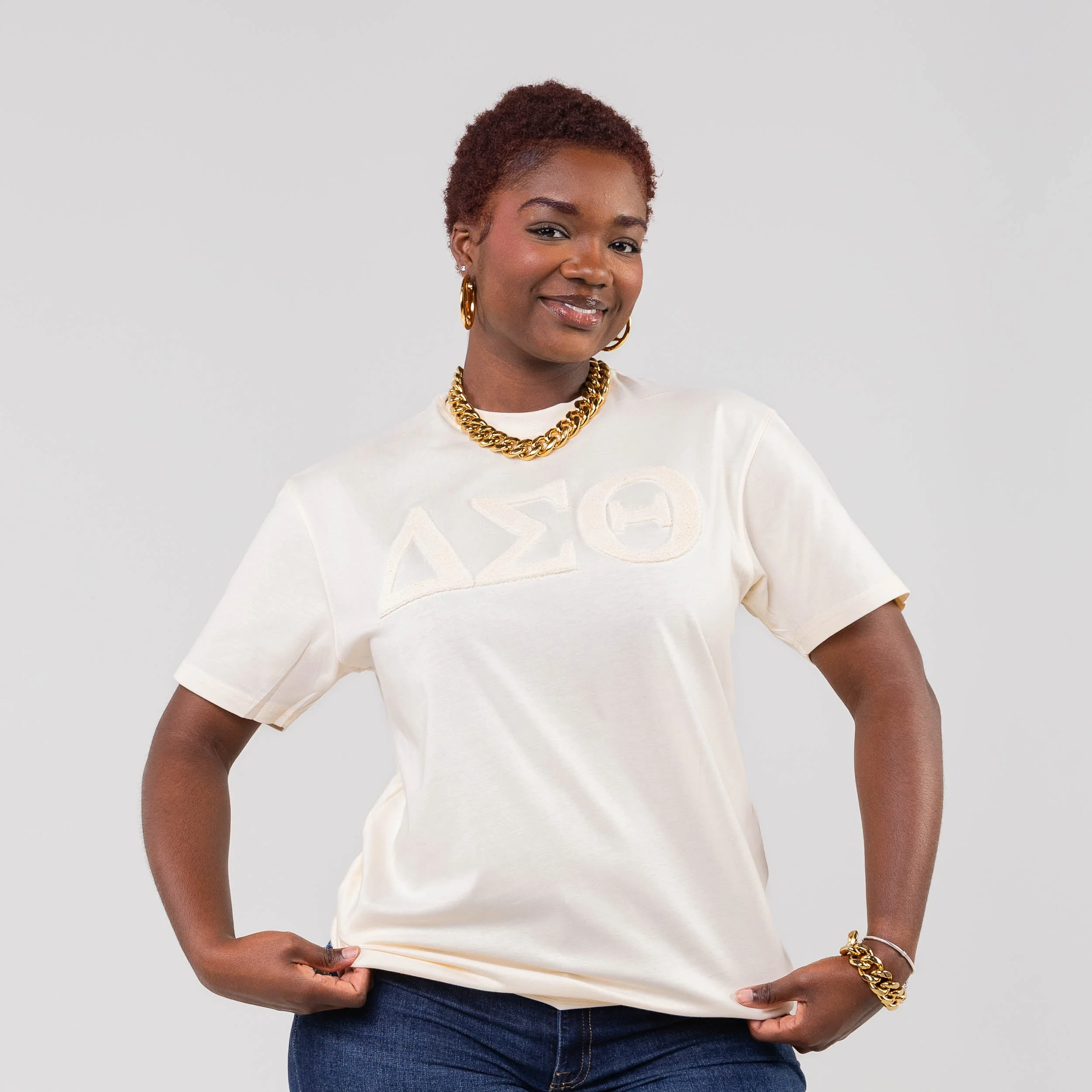 Delta Sigma Theta Cream on Cream Letters Brush Embroidery Tee - Image 6