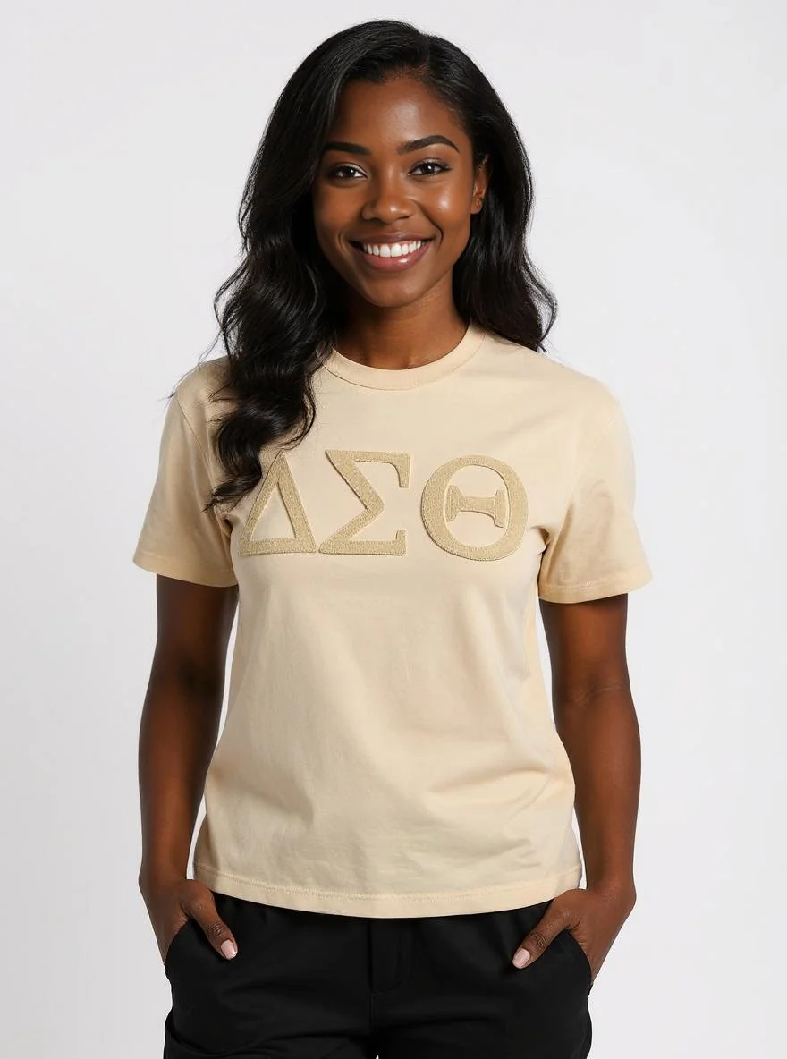 Delta Sigma Theta Cream on Cream Letters Brush Embroidery Tee - Image 7