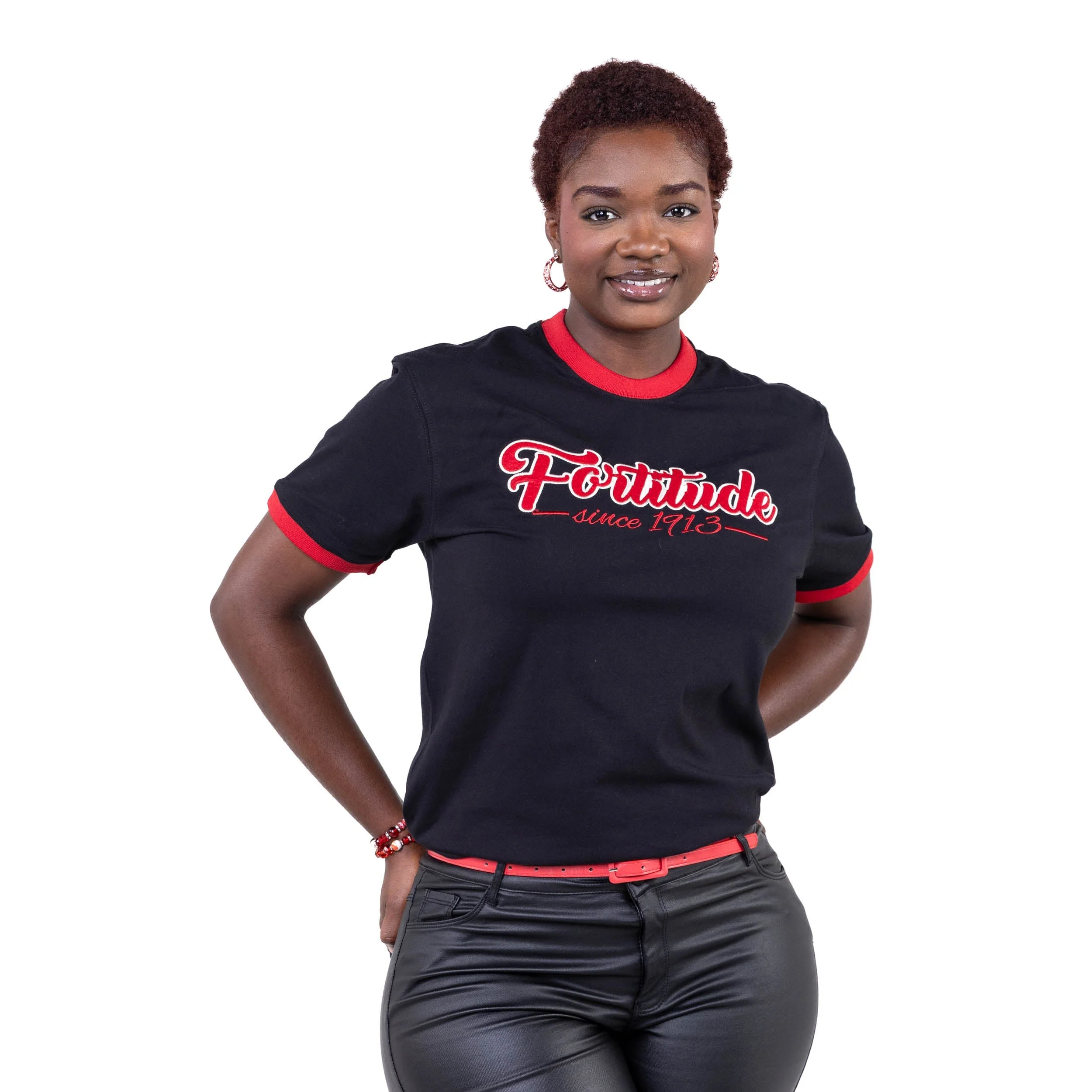 Delta Sigma Theta Fortitude Embroidered Ringer Tee Black - Image 5
