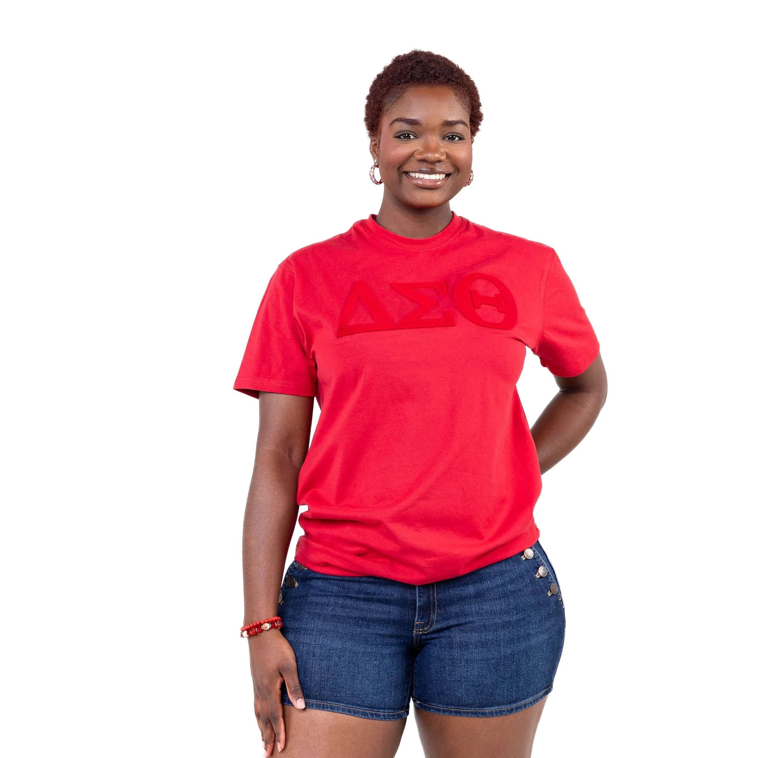 Delta Sigma Theta Red on Red Letters Brush Embroidery Tee - Image 3