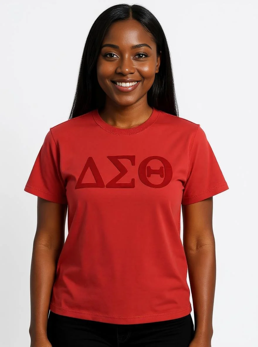 Delta Sigma Theta Red on Red Letters Brush Embroidery Tee - Image 4