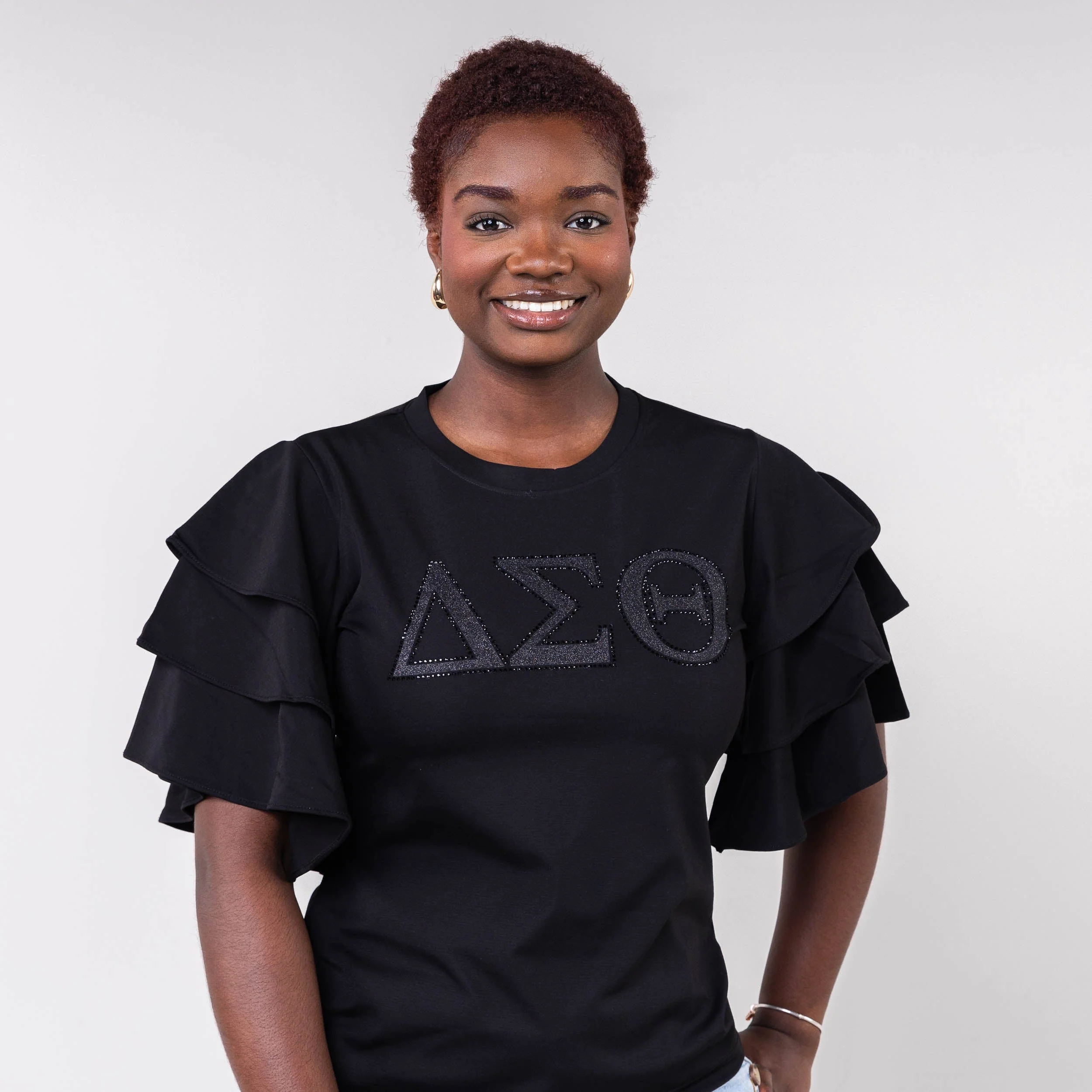 Delta Sigma Theta Letters Ruffle Blouse with Bling BLACK - Image 3