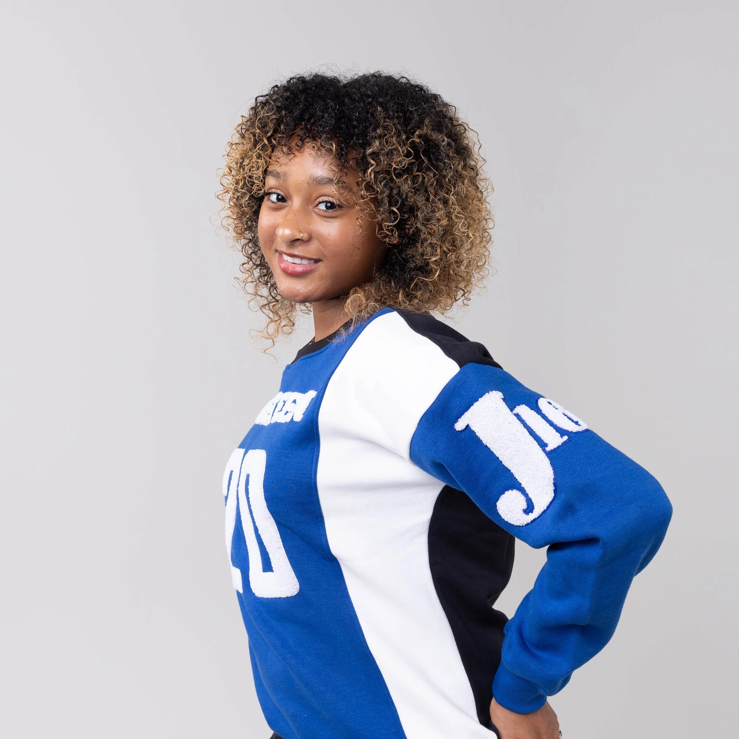 Zeta Phi Beta "J16" Nineteen 20 Chenille and Embroidered Sweatshirt (Blue/White) - Image 3
