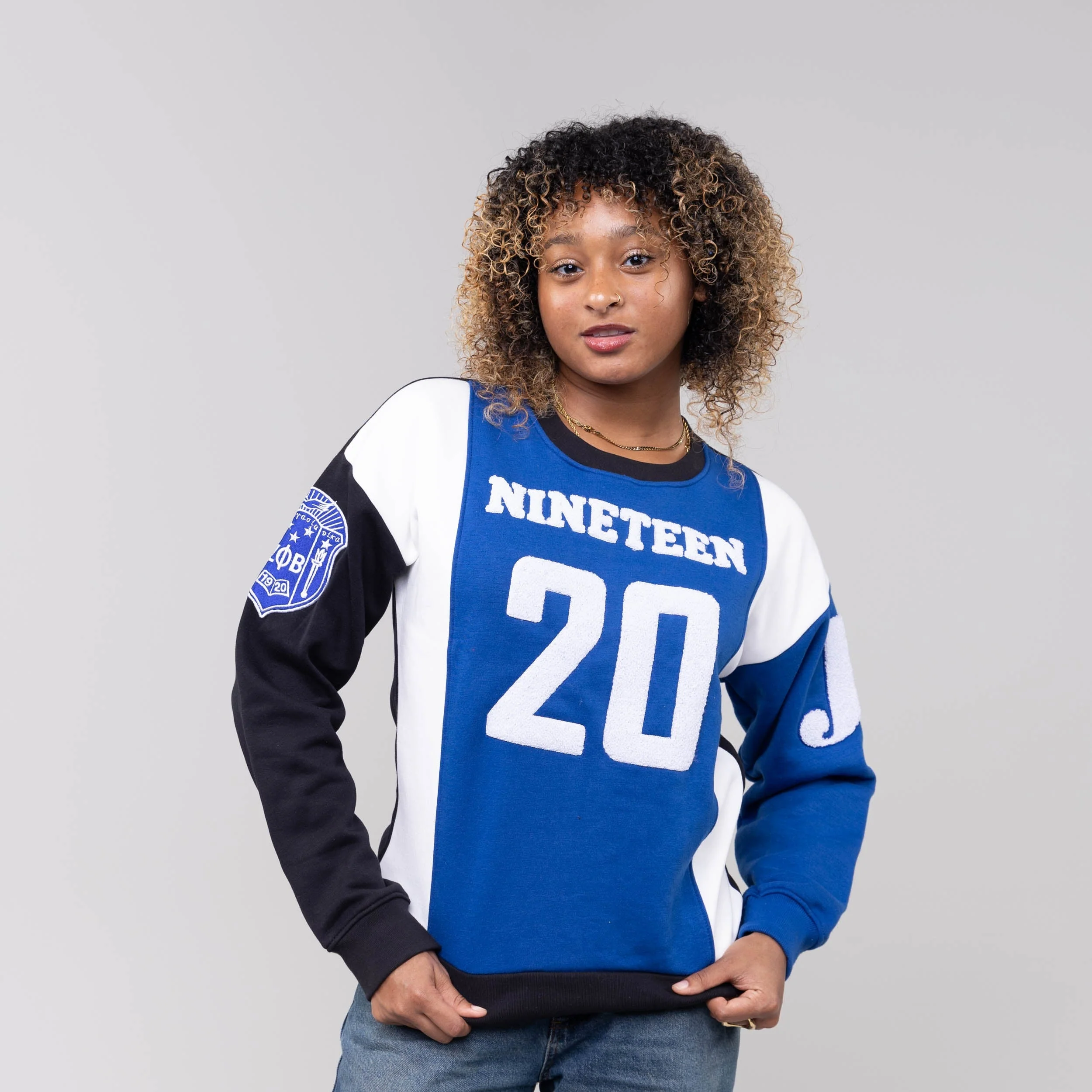 Zeta Phi Beta "J16" Nineteen 20 Chenille and Embroidered Sweatshirt (Blue/White) - Image 4