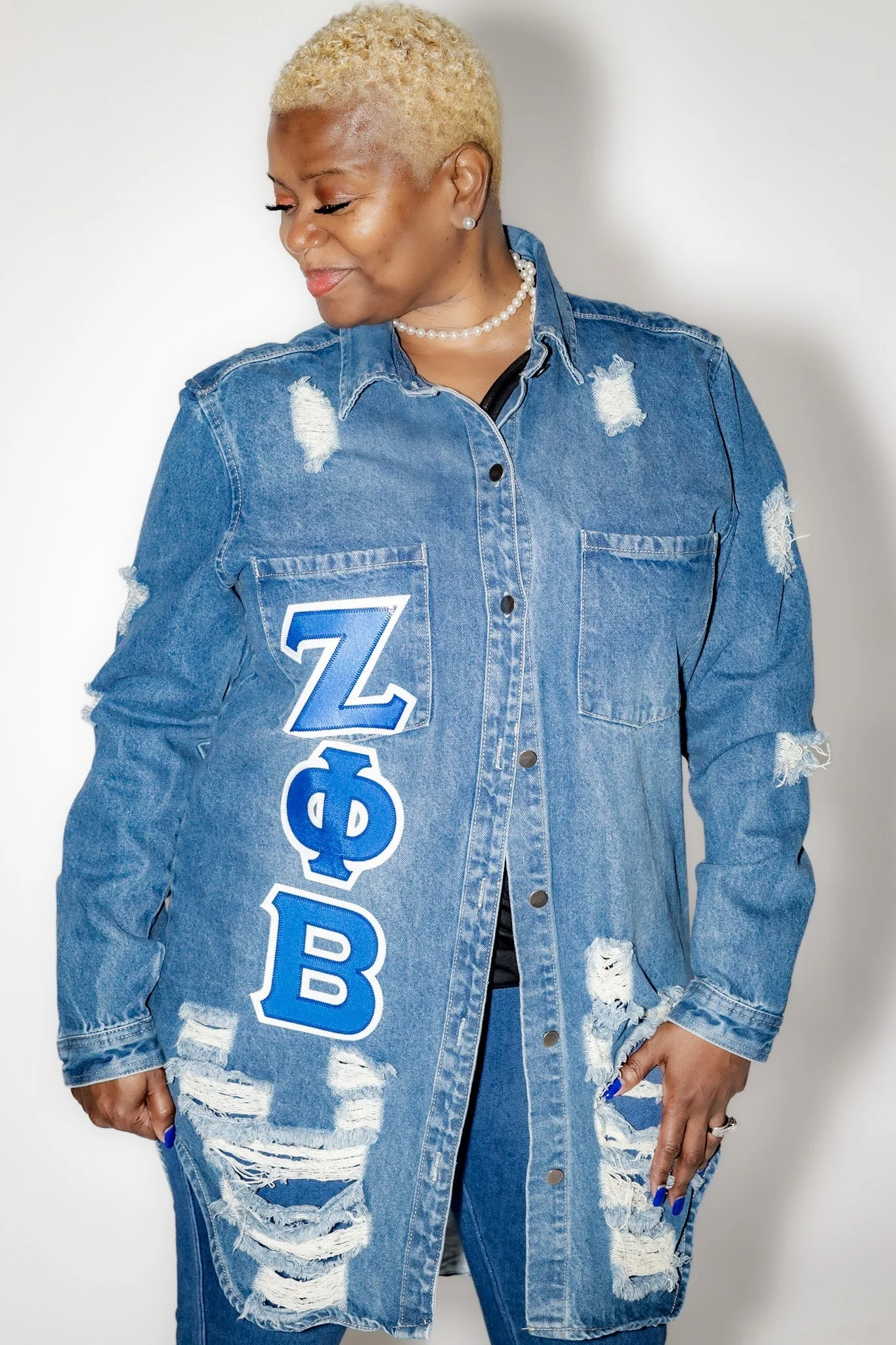 Zeta Phi Beta Letters Distressed Denim Jacket - Image 3