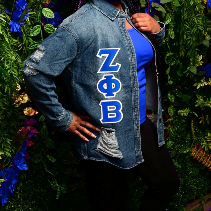 Zeta Phi Beta Letters Distressed Denim Jacket - Image 5