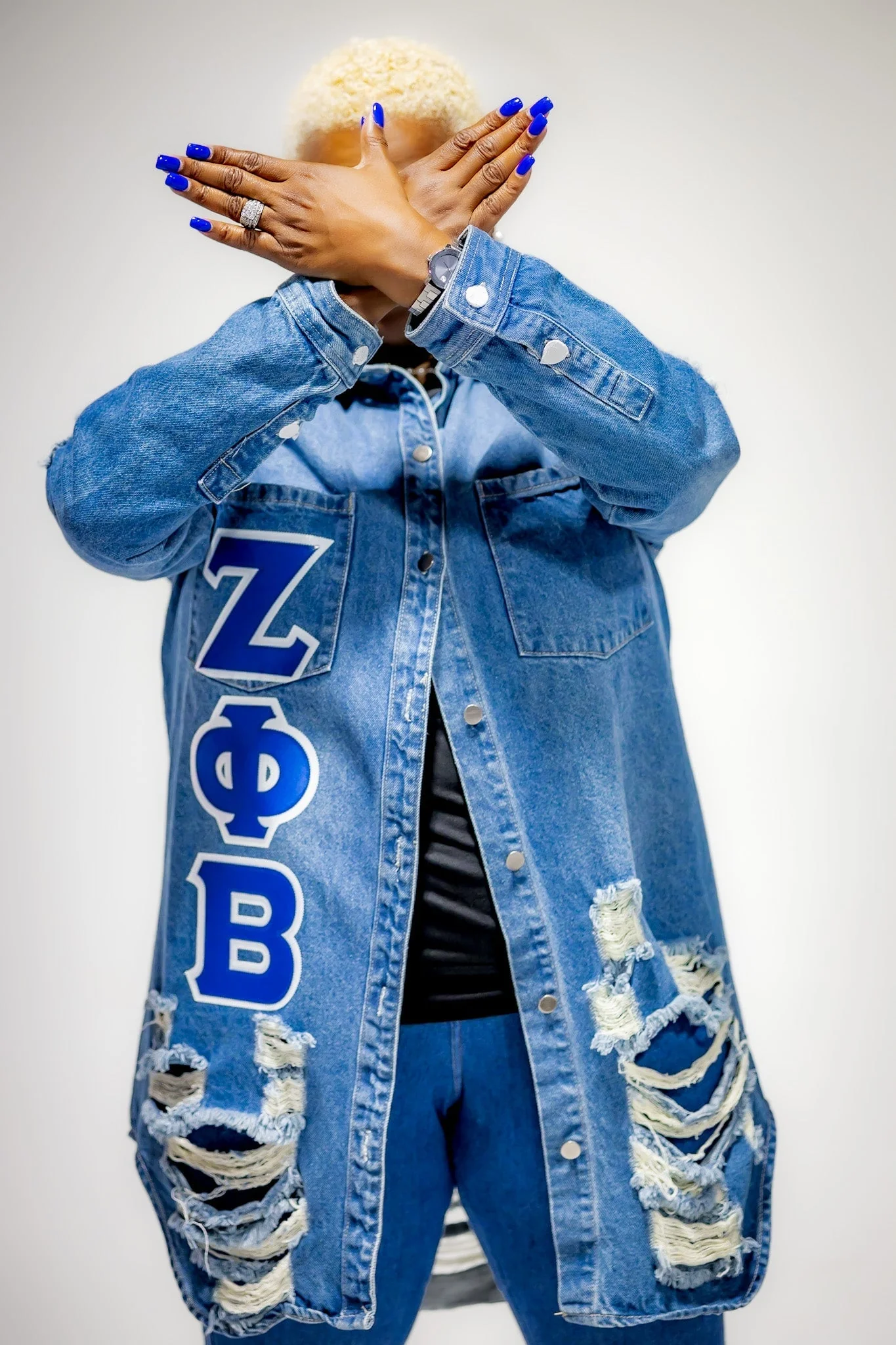 Zeta Phi Beta Letters Distressed Denim Jacket - Image 6